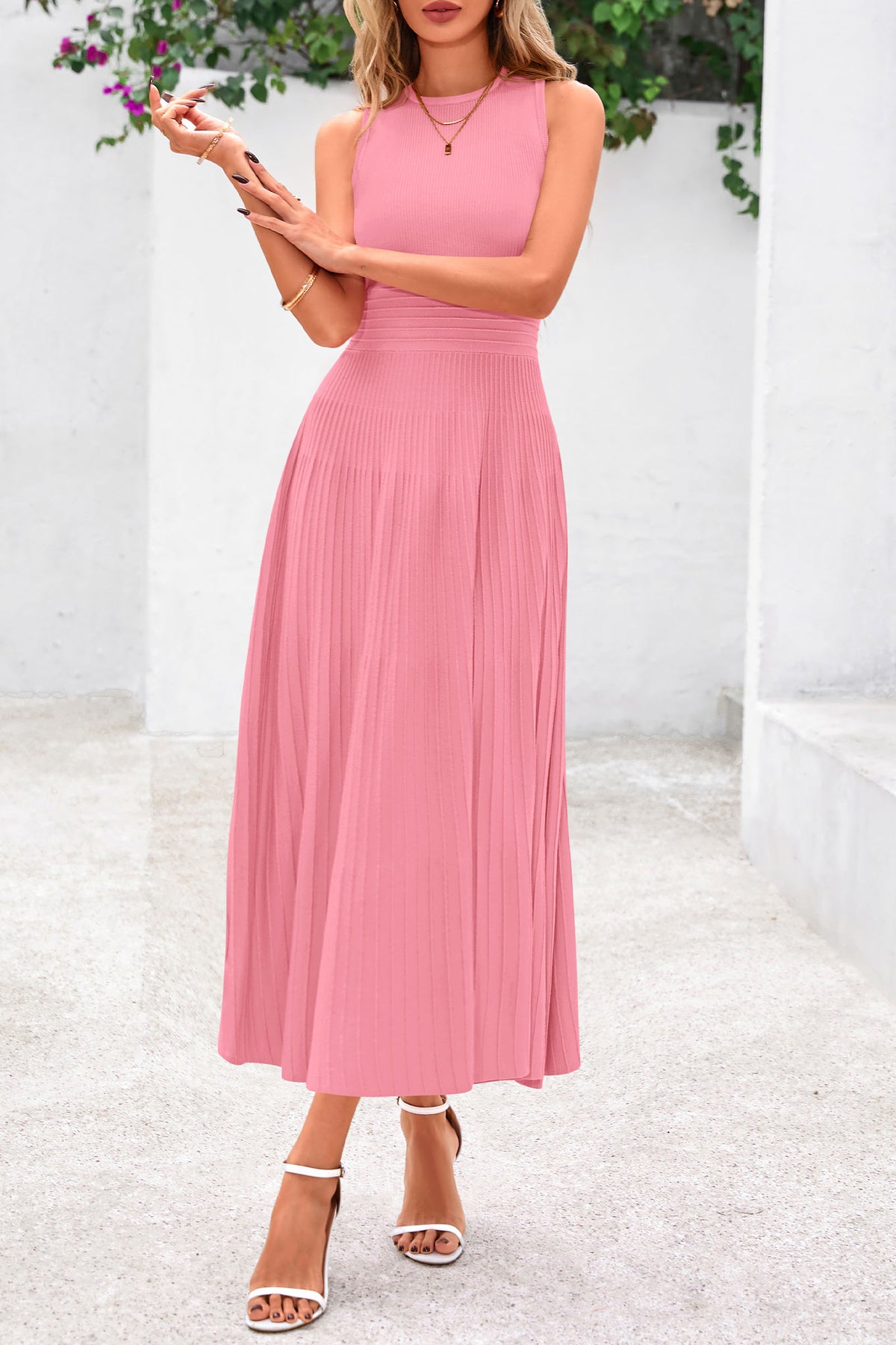 Women's Summer Midi Dresses 2025 Sleeveless Crewneck Knit A Line Pleated Swing Wedding Guest Casual Tank Dress