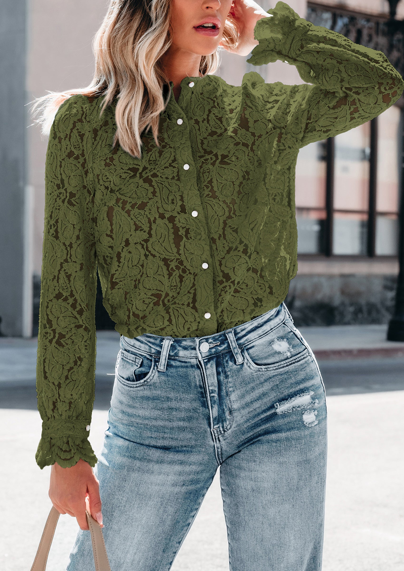 PRETTYGARDEN Women's Dressy Casual Lace Blouse Long Sleeve Button Up Shirts Tops Spring Fall Fashion Clothes