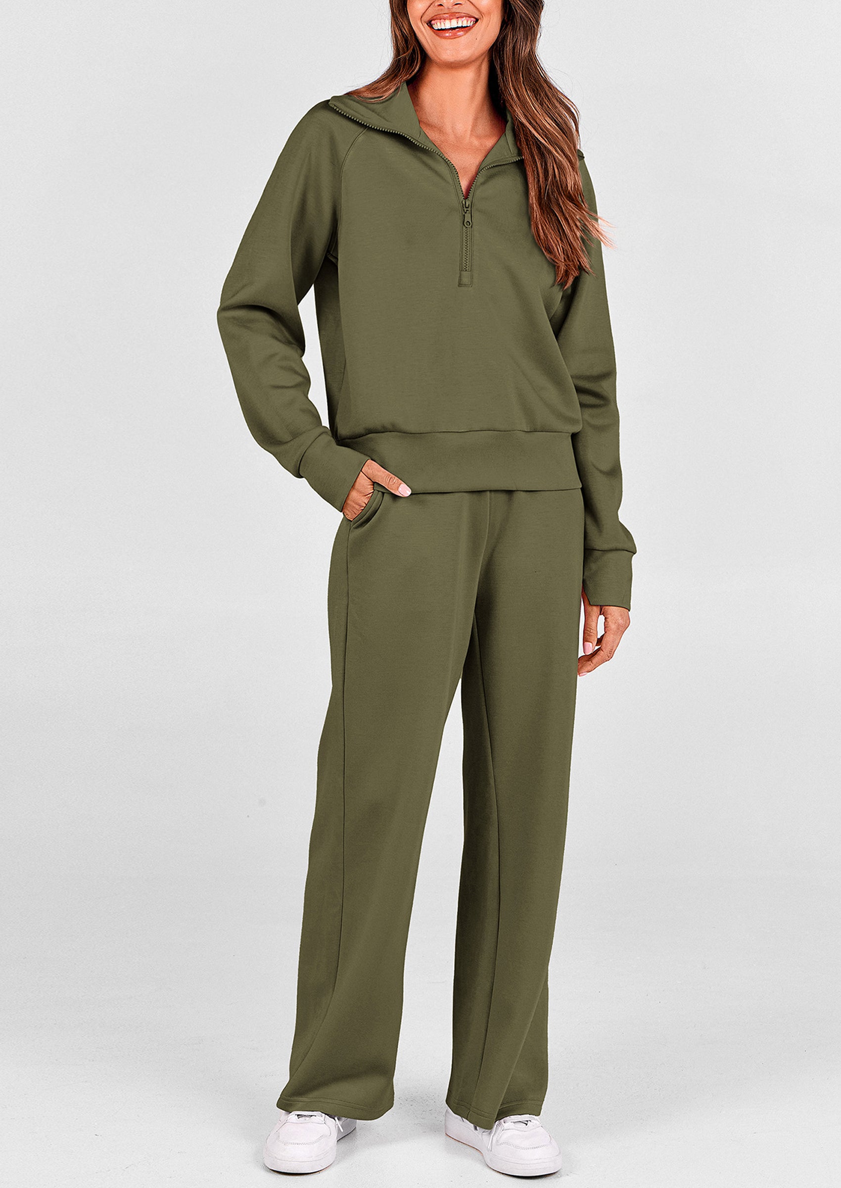 PRETTYGARDEN Women's 2 Piece Outfits Casual Lapel Half Zip Sweatshirts And Wide Leg Pants Tracksuit Sets