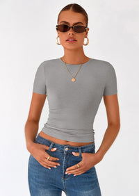 PRETTYGARDEN Women Summer Crew Neck Short Sleeve Tops Ribbed Knit Slim Fit Fashion Basic Tee Shirts Casual Going Out Top PRETTYGARDEN