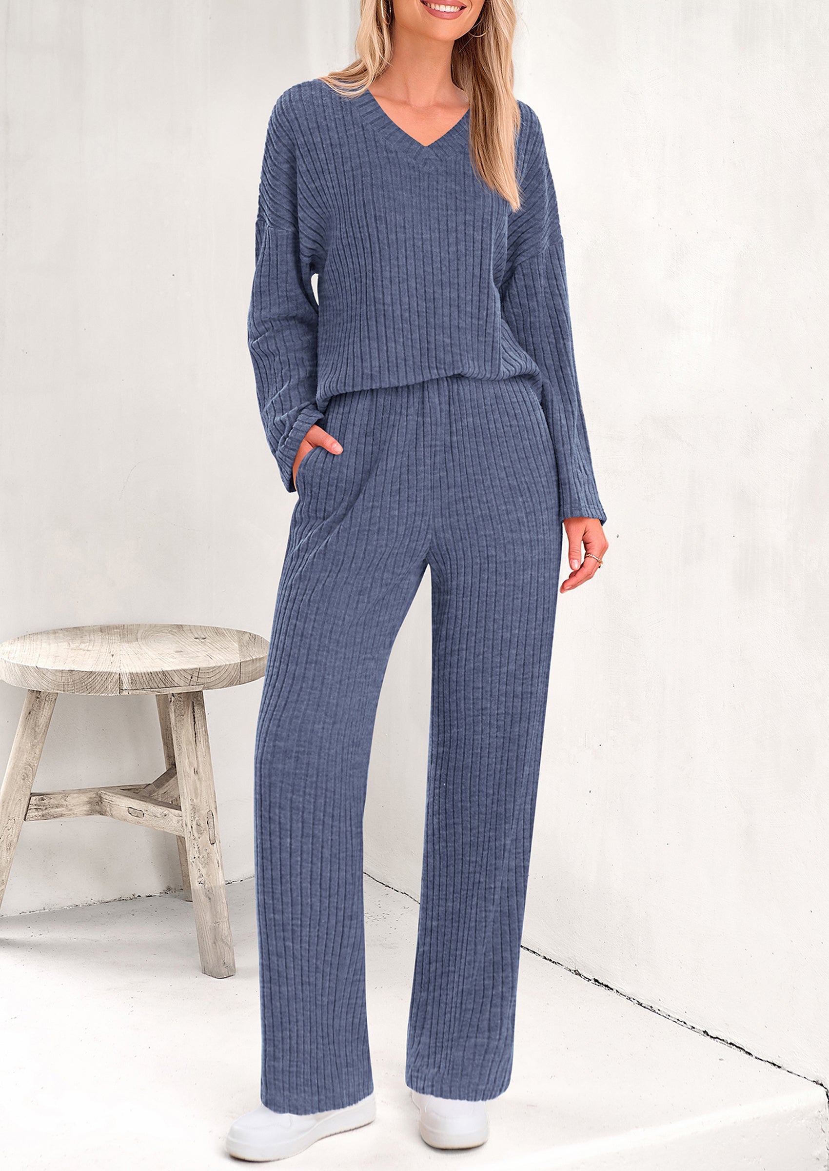 PRETTYGARDEN Women's 2 Piece Lounge Sets Ribbed Knit Long Sleeve V Neck Pullover Tops Wide Leg Pants Spring Fall Outfits