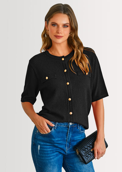 PRETTYGARDEN Women's Summer Button Down Shirts Casual Short Sleeve Crew Neck Ribbed Knit Blouse Top Cardigans