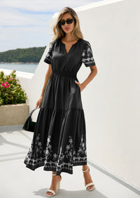 PRETTYGARDEN Women's Summer Boho Maxi Dress Spring Floral Short Sleeve V Neck A Line Flowy Beach Wedding Guest Dresses PRETTYGARDEN
