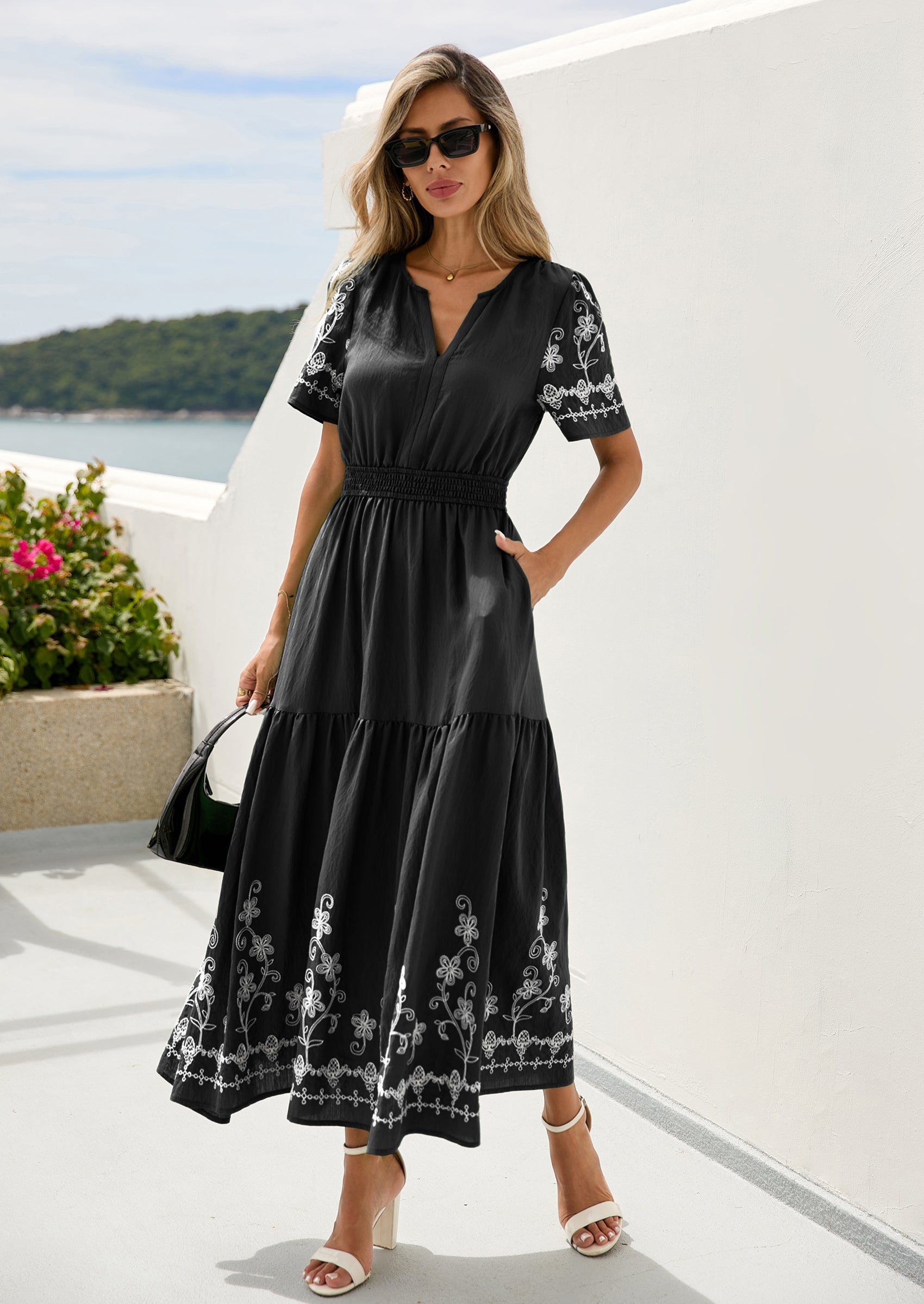PRETTYGARDEN Women's Summer Boho Maxi Dress Spring Floral Short Sleeve V Neck A Line Flowy Beach Wedding Guest Dresses PRETTYGARDEN