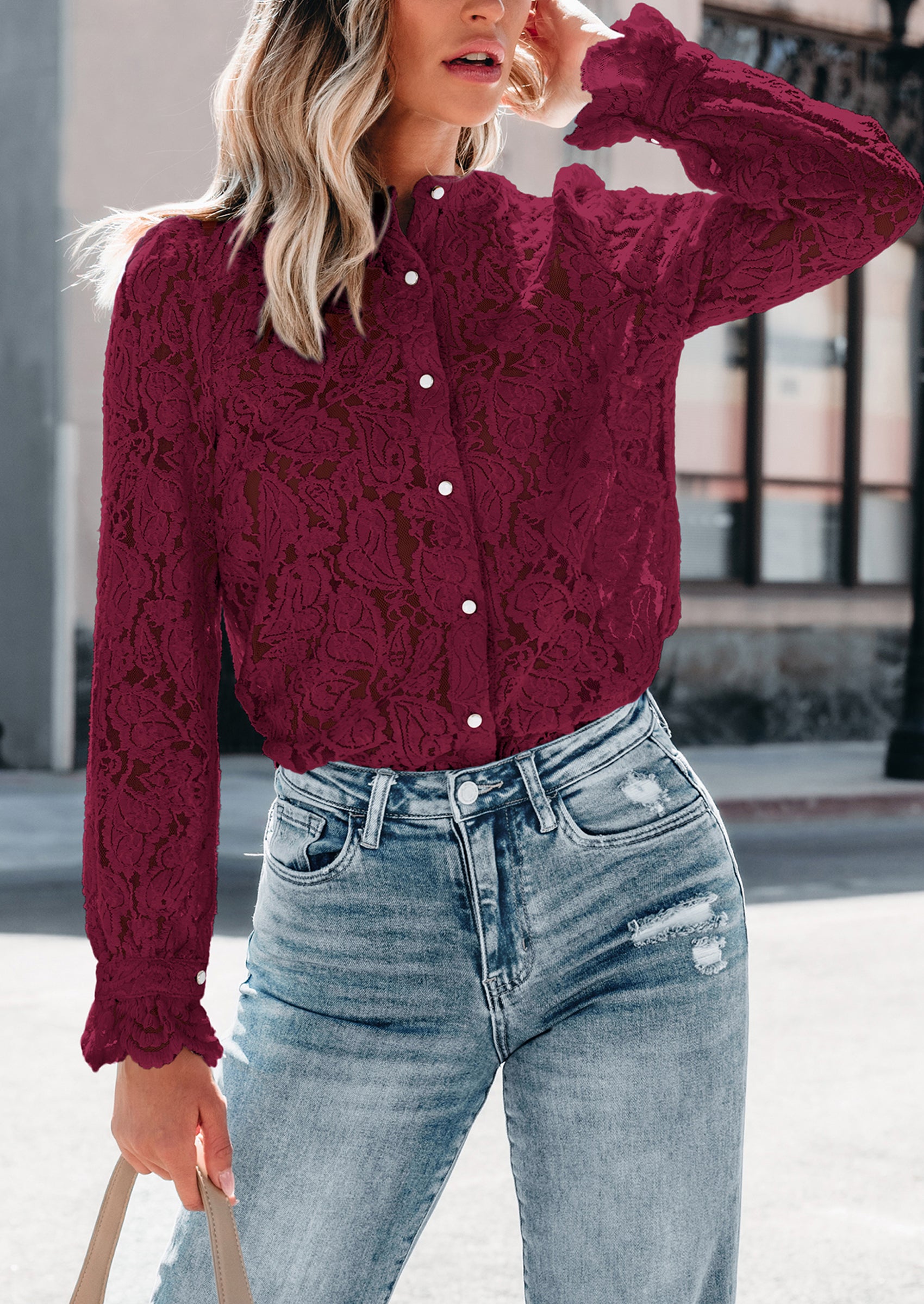 PRETTYGARDEN Women's Dressy Casual Lace Blouse Long Sleeve Button Up Shirts Tops Spring Fall Fashion Clothes