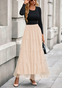 PRETTYGARDEN Maxi Skirts for Women Fall Tulle High Waisted Ruffle Flowy A-Line Long Skirt Country Concert Outfits