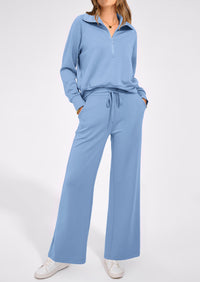 PRETTYGARDEN Women's 2 Piece Outfits Casual Lapel Half Zip Sweatshirts And Wide Leg Pants Tracksuit Sets