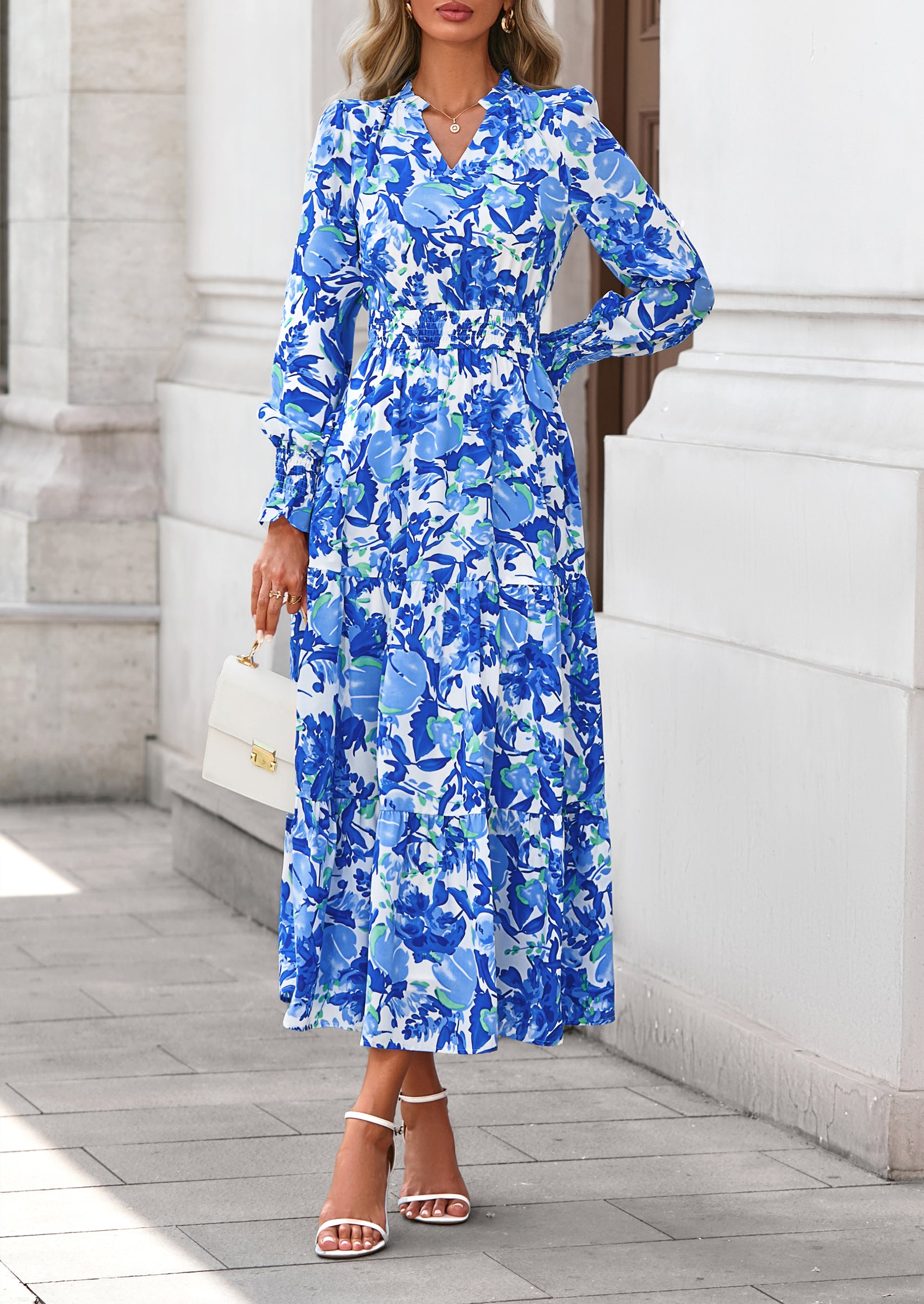 PRETTYGARDEN Women's Floral Maxi Dress Spring Long Sleeve V Neck Casual A Line Long Flowy Boho Party Dresses