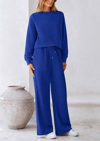 PRETTYGARDEN 2 Piece Long Sleeve Pullover Tops and Wide Leg Pants Knitted Lounge Sets PRETTYGARDEN