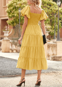 PRETTYGARDEN Women's Summer Casual Midi Dress Puffy Short Sleeve Square Neck Smocked Tiered Ruffle Dresses