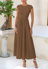 PRETTYGARDEN Women's Casual Long Dresses Cap Sleeve Patchwork A Line Flowy Modest Elegant Homecoming Maxi Dress