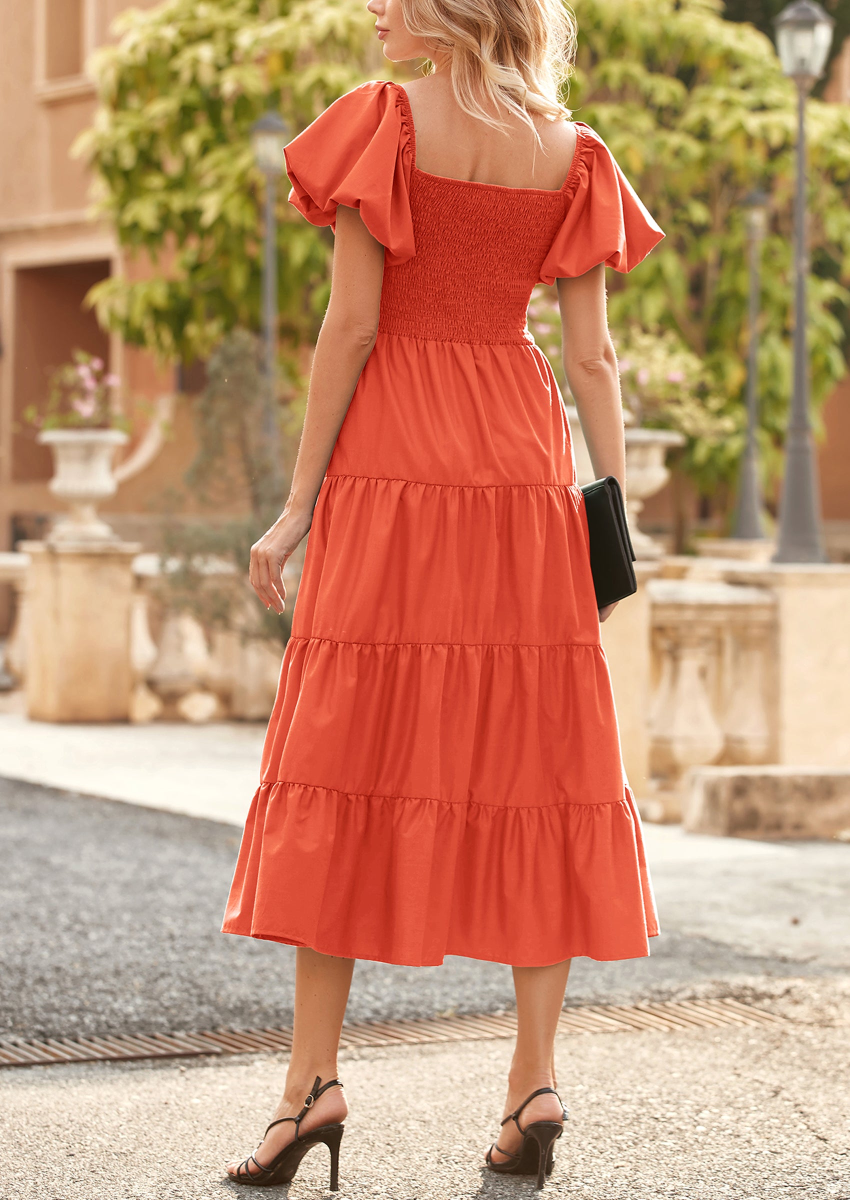 PRETTYGARDEN Women's Summer Casual Midi Dress Puffy Short Sleeve Square Neck Smocked Tiered Ruffle Dresses