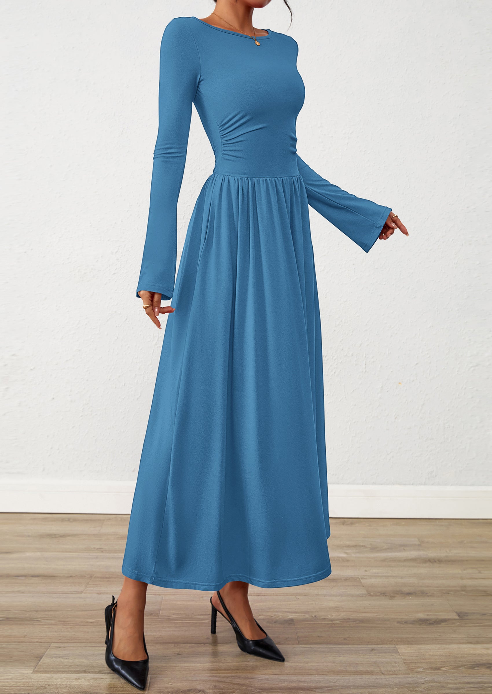BTFBM Long Sleeve Maxi Dresses for Women Fall Casual Ruched Boat Neck Flowy Elegant Formal Wedding Guest Dress