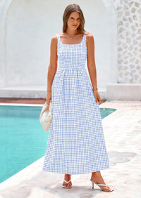 PRETTYGARDEN Women's Summer Spaghetti Strap Maxi Dresses Plaid Square Neck A Line Casual Beach Vacation Long Sundress