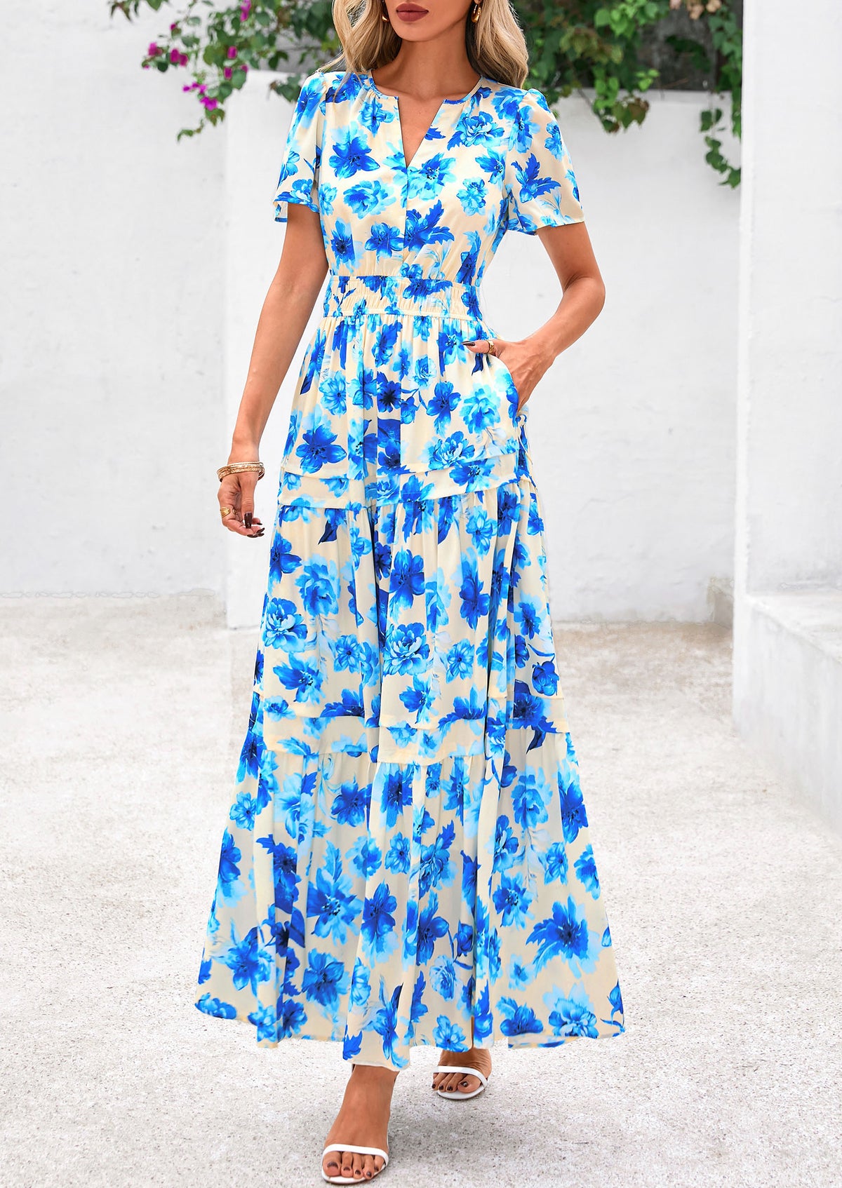 Summer Boho Floral Short Sleeve V Neck A Line Tiered Ruffle Flowy Long Beach Vacation Maxi Dresses