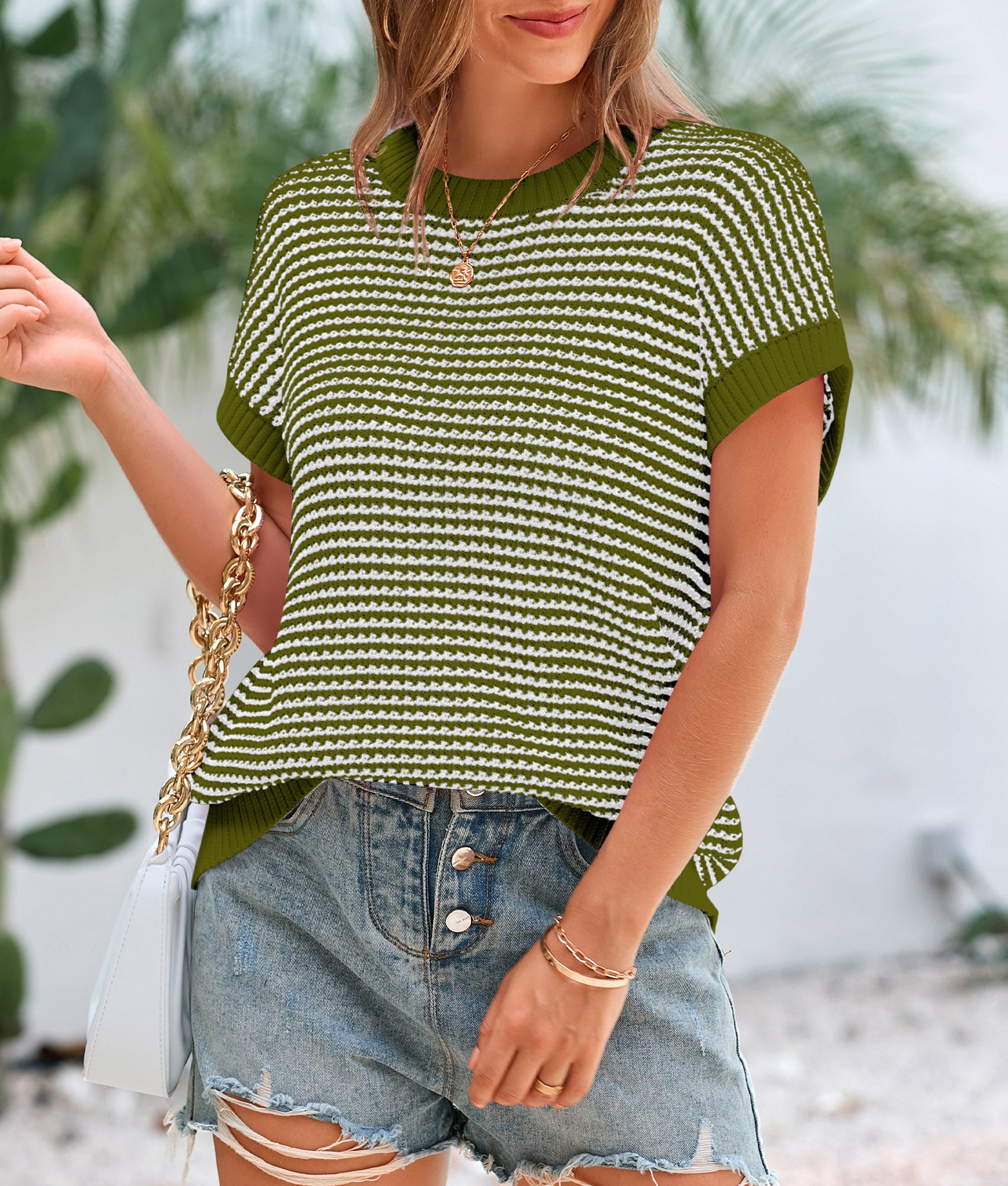 PRETTYGARDEN Womens Short Sleeve Sweater Spring Summer Round Neck Striped Pullover Cap Sleeve Knit Sweater Vest Tops