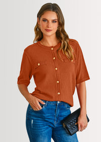 PRETTYGARDEN Women's Summer Button Down Shirts Casual Short Sleeve Crew Neck Ribbed Knit Blouse Top Cardigans