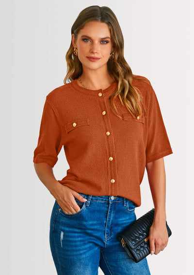 PRETTYGARDEN Women's Summer Button Down Shirts Casual Short Sleeve Crew Neck Ribbed Knit Blouse Top Cardigans