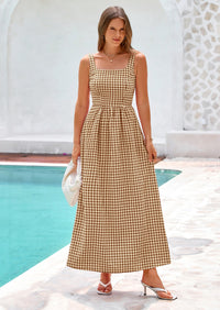 PRETTYGARDEN Women's Summer Spaghetti Strap Maxi Dresses Plaid Square Neck A Line Casual Beach Vacation Long Sundress