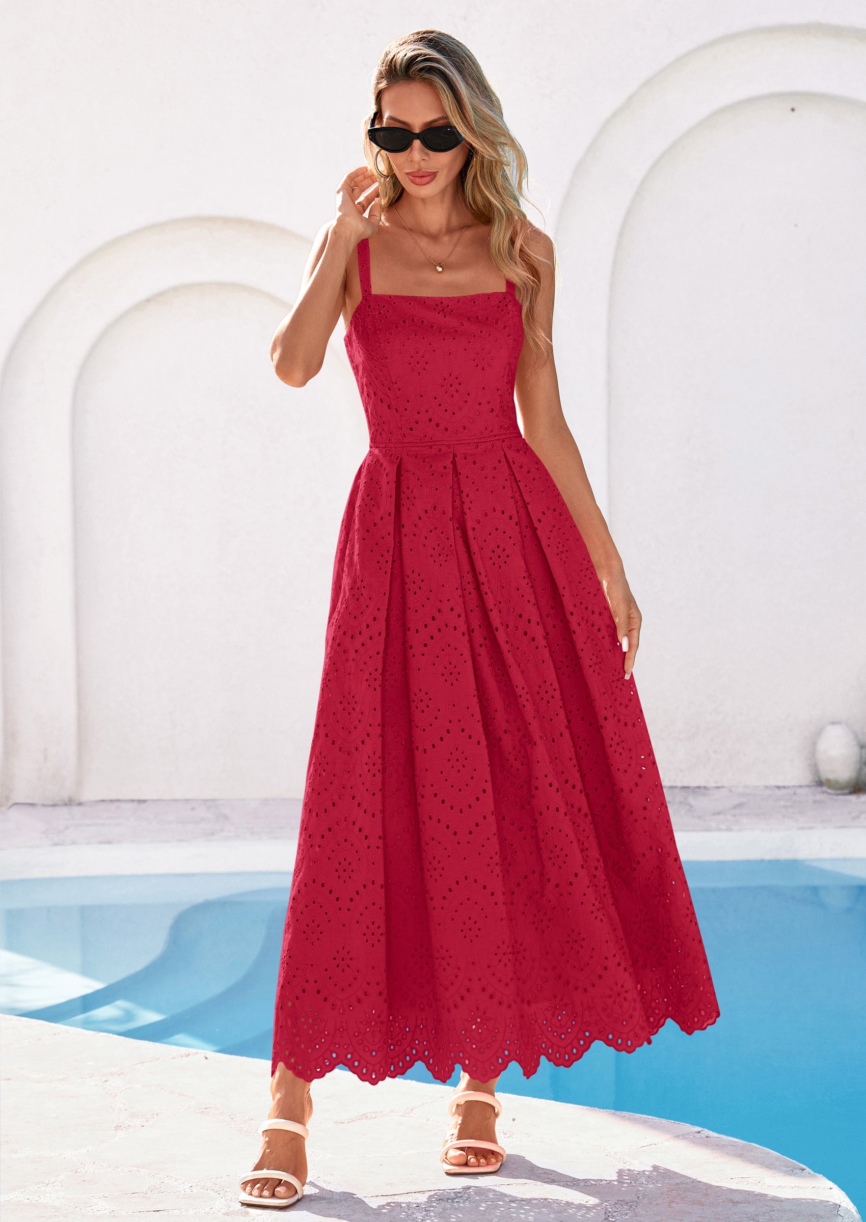 PRETTYGARDEN Womens Sleeveless Maxi Summer Dresses Hollow Out Eyelet Square Neck Ruffle Flowy Beach Vacation Sundress PRETTYGARDEN