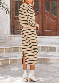 PRETTYGARDEN 2 Piece Skirts Sets For Women Fall Fashion Striped Sweater Dress Knit Lounge Travel Outfits Winter Clothing