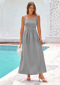PRETTYGARDEN Women's Summer Spaghetti Strap Maxi Dresses Plaid Square Neck A Line Casual Beach Vacation Long Sundress