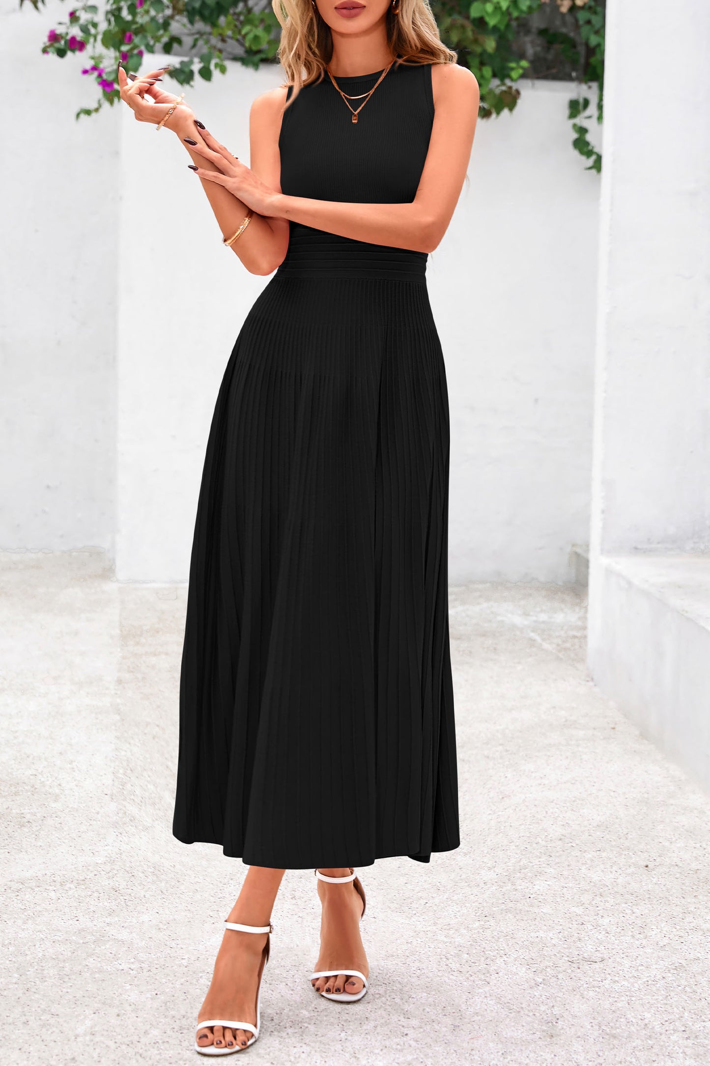 Women's Summer Midi Dresses 2025 Sleeveless Crewneck Knit A Line Pleated Swing Wedding Guest Casual Tank Dress