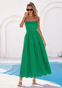 PRETTYGARDEN Womens Sleeveless Maxi Summer Dresses Hollow Out Eyelet Square Neck Ruffle Flowy Beach Vacation Sundress PRETTYGARDEN