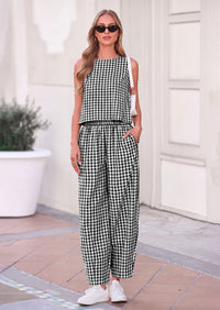 PRETTYGARDEN Womens 2 Piece Sets Summer Plaid Sleeveless Tops Wide Leg Pants Matching Lounge Set Beach Vacation Outfits