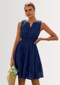 PRETTYGARDEN Women's Summer Dresses Sleeveless V Neck Eyelet Hollow Out Swing A Line Beach Vacation Sun Dress