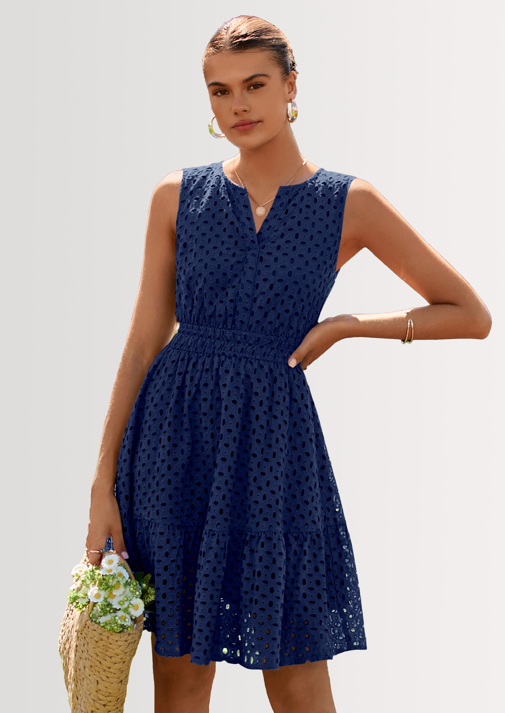 PRETTYGARDEN Women's Summer Dresses Sleeveless V Neck Eyelet Hollow Out Swing A Line Beach Vacation Sun Dress