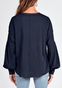 BTFBM Women's Ribbed Long Sleeve Tops Summer Spring Pullover Knit Casual V Neck Blouses Trendy Loose Fit Tunic Top