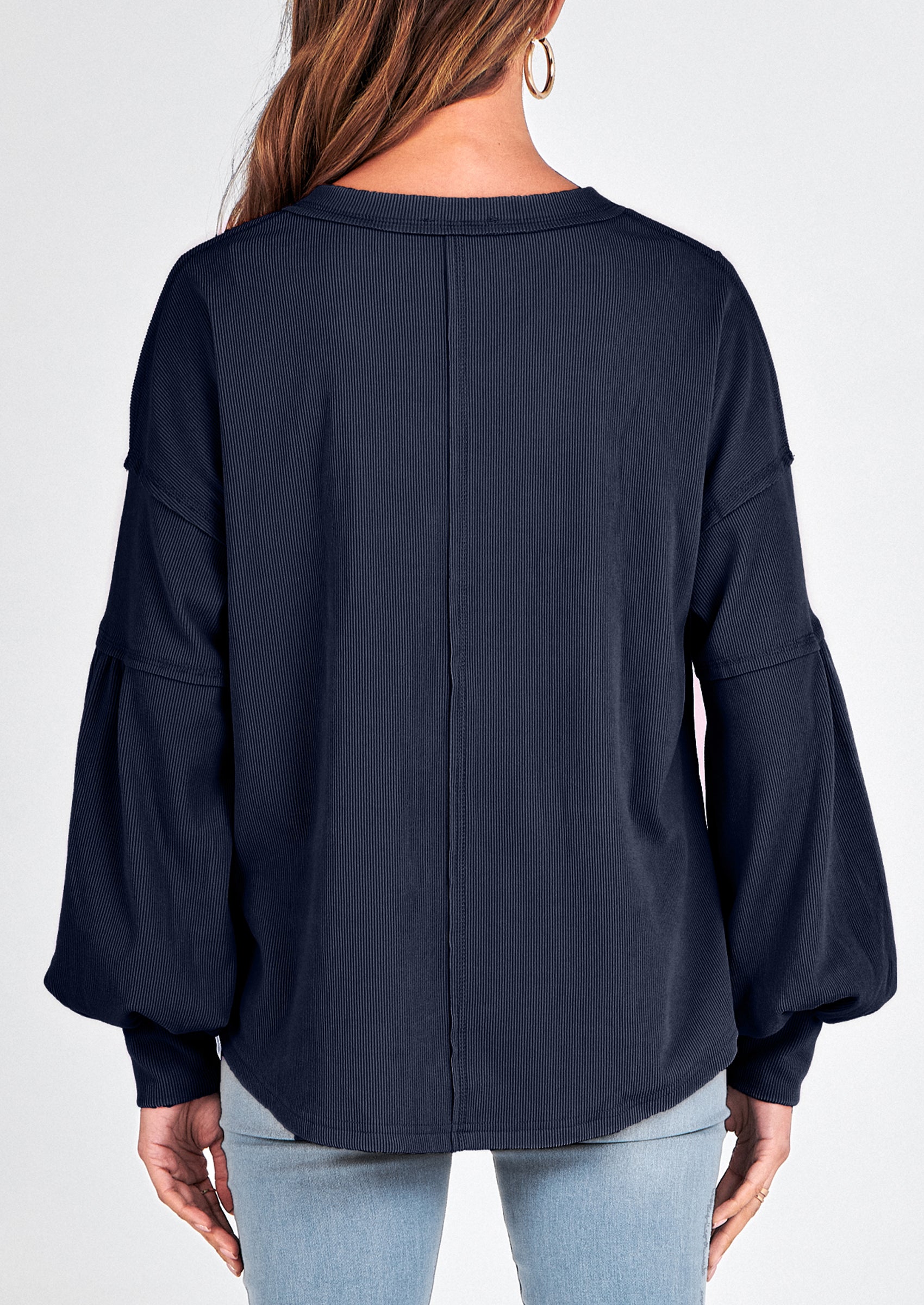 BTFBM Women's Ribbed Long Sleeve Tops Summer Spring Pullover Knit Casual V Neck Blouses Trendy Loose Fit Tunic Top