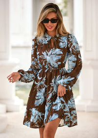 PRETTYGARDEN Women's Fall Boho Dresses Floral Long Sleeve V Neck Mini Flowy Wedding Guest Dress Trendy Vacation Outfits