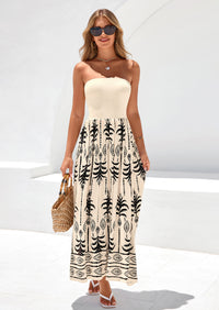 PRETTYGARDEN Summer Dresses for Women Floral Patchwork Strapless Tube Long Flowy Dress Beach Vacation Clothes