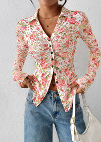 PRETTYGARDEN Women Button Down Floral Shirts Fall Trendy Long Sleeve V Neck Ruched Fitted Mesh Blouse Tops Date Outfits