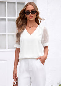 PRETTYGARDEN Womens Tops Dressy Casual Puff Sleeve Chiffon Blouses V Neck Business Work Shirts 2026 Summer Fashion Clothing