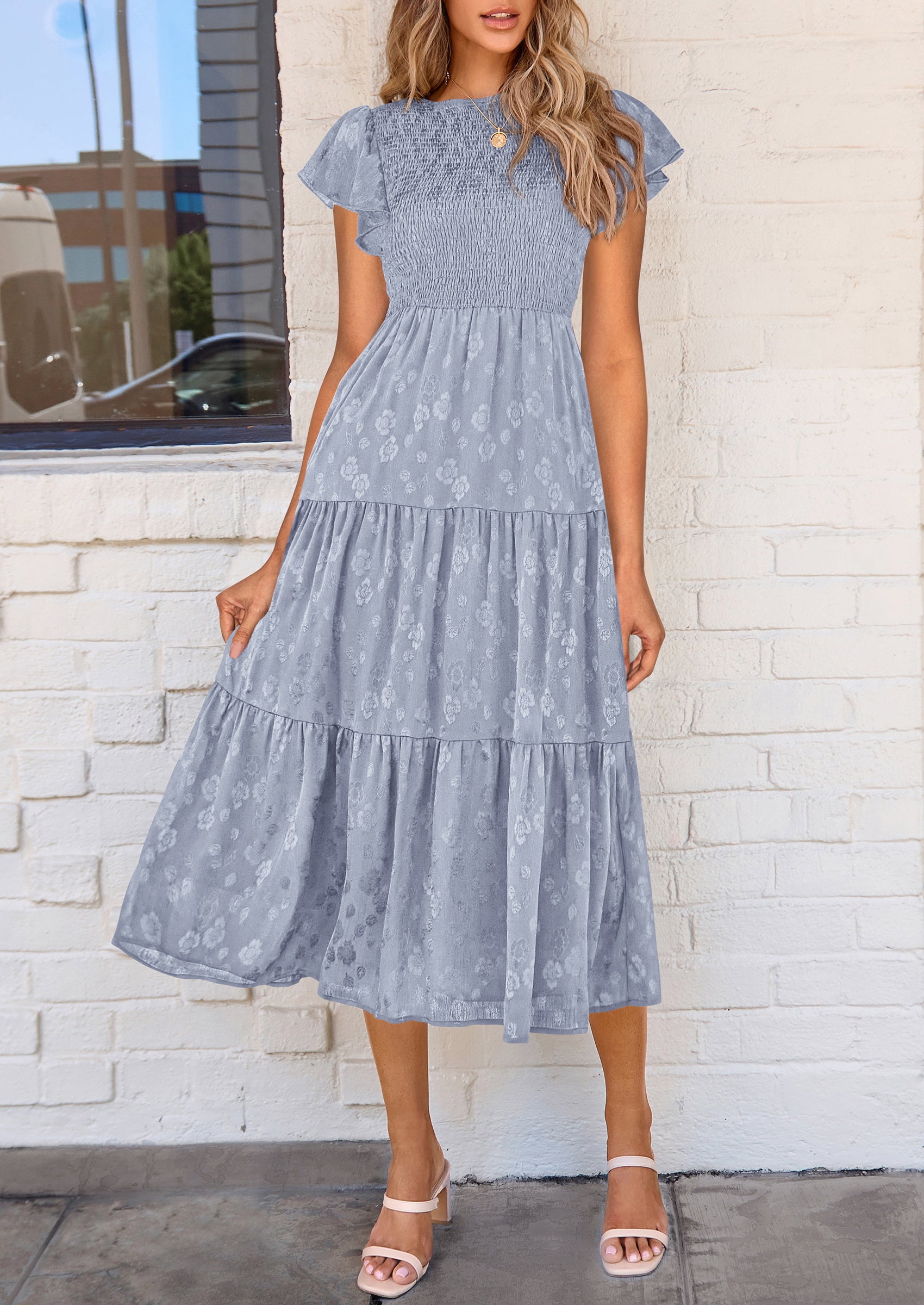 PRETTYGARDEN Midi Dress for Women Summer Floral Cap Sleeve Smocked Ruffle A Line Long Flowy Wedding Guest Dresses