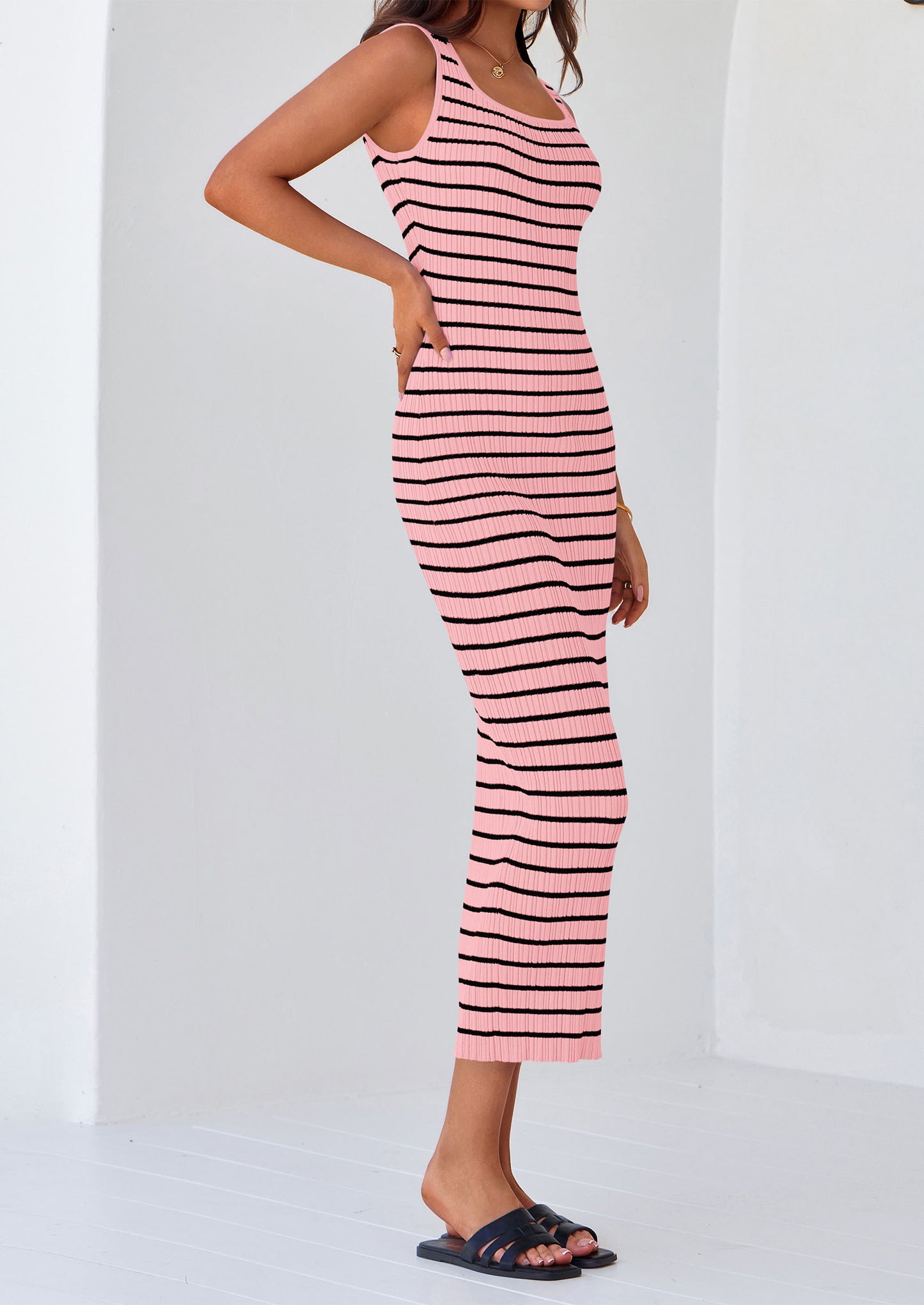 Womens Summer Tank Dress Casual Sleeveless Striped Ribbed Knit Long Dresses Beach Vacation Sundress