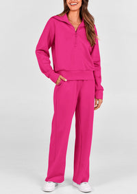 PRETTYGARDEN Women's 2 Piece Outfits Casual Lapel Half Zip Sweatshirts And Wide Leg Pants Tracksuit Sets