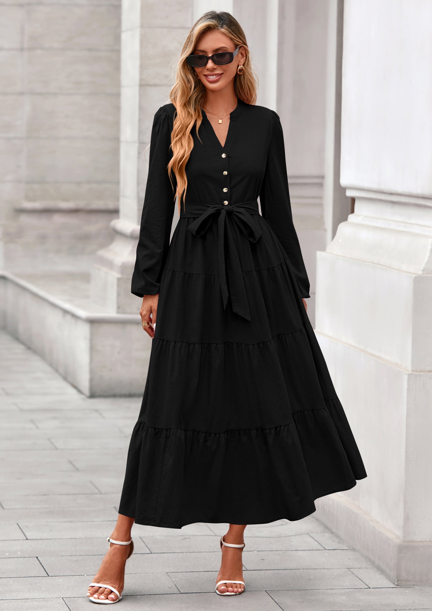 PRETTYGARDEN Fall Dresses for Women Long Sleeve V Neck Belted Ruffle A Line Flowy Boho Maxi Wedding Guest Dress Pockets
