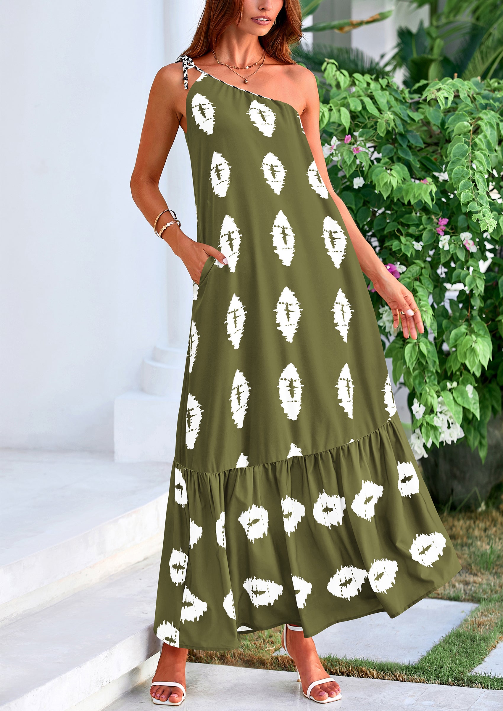 PRETTYGARDEN Women's Summer Maxi Dresses One Shoulder Printed Flowy Boho Beach Vacation Long Sundress