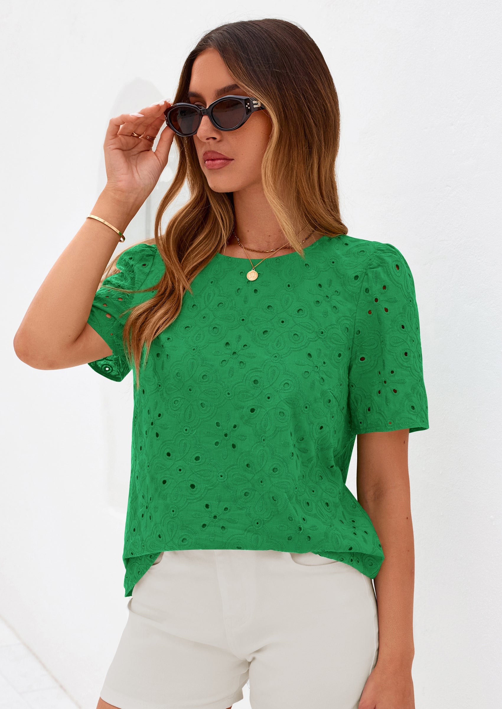 PRETTYGARDEN Women's Puff Short Sleeve Eyelet Shirts Summer Lace Blouses Dressy Casual Work Tops Spring Teacher Clothes PRETTYGARDEN