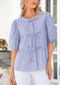 PRETTYGARDEN Women's Tie Front Striped Shirt Summer Trendy Fashion Cute Babydoll Tops Peplum Puffy Sleeve Blouse