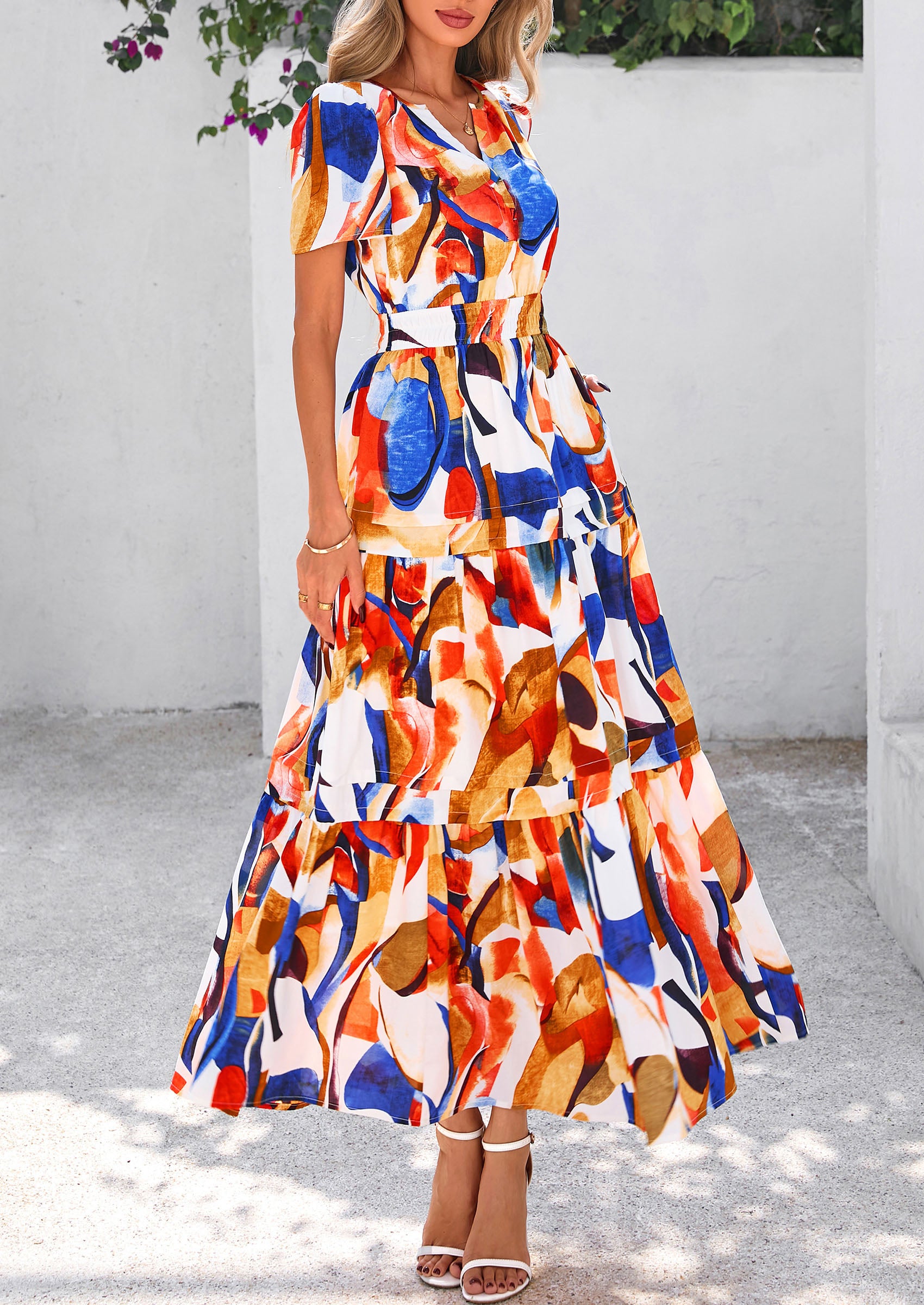 PRETTYGARDEN Women's Boho Maxi Dresses Floral Short Sleeve V Neck A Line Tiered Flowy Long Beach Vacation Dress