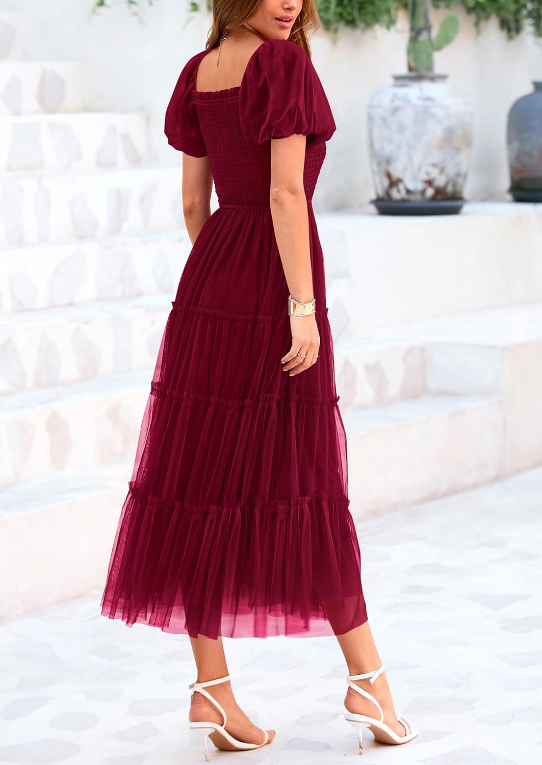 Women's Smocked Midi Tulle Dress 2025 Summer Puffy Short Sleeve Square Neck Ruffle Wedding Guest Party Dresses