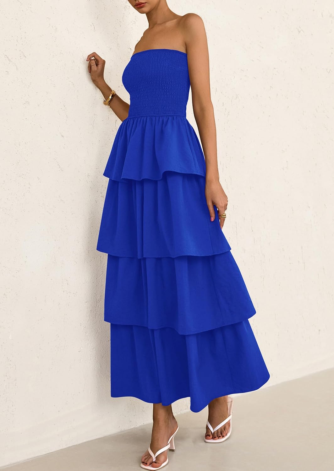 PRETTYGARDEN Maxi Dresses for Women Off Shoulder Smocked Tiered Ruffle Long Flowy Wedding Guest Dress