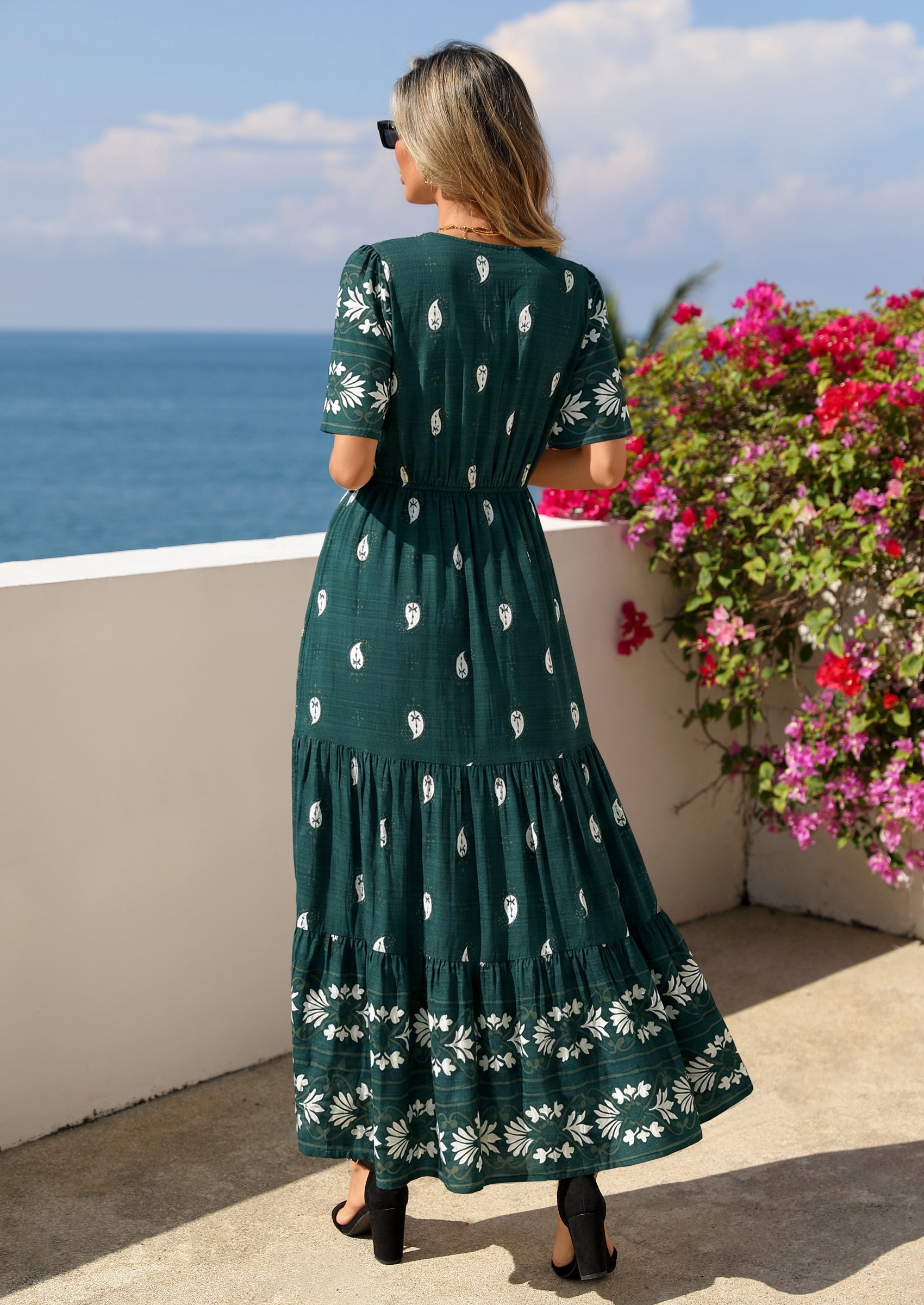 PRETTYGARDEN Womens Summer Boho Maxi Dress Trendy Short Sleeve V Neck Flowy Beach Floral Dresses with Pockets PRETTYGARDEN