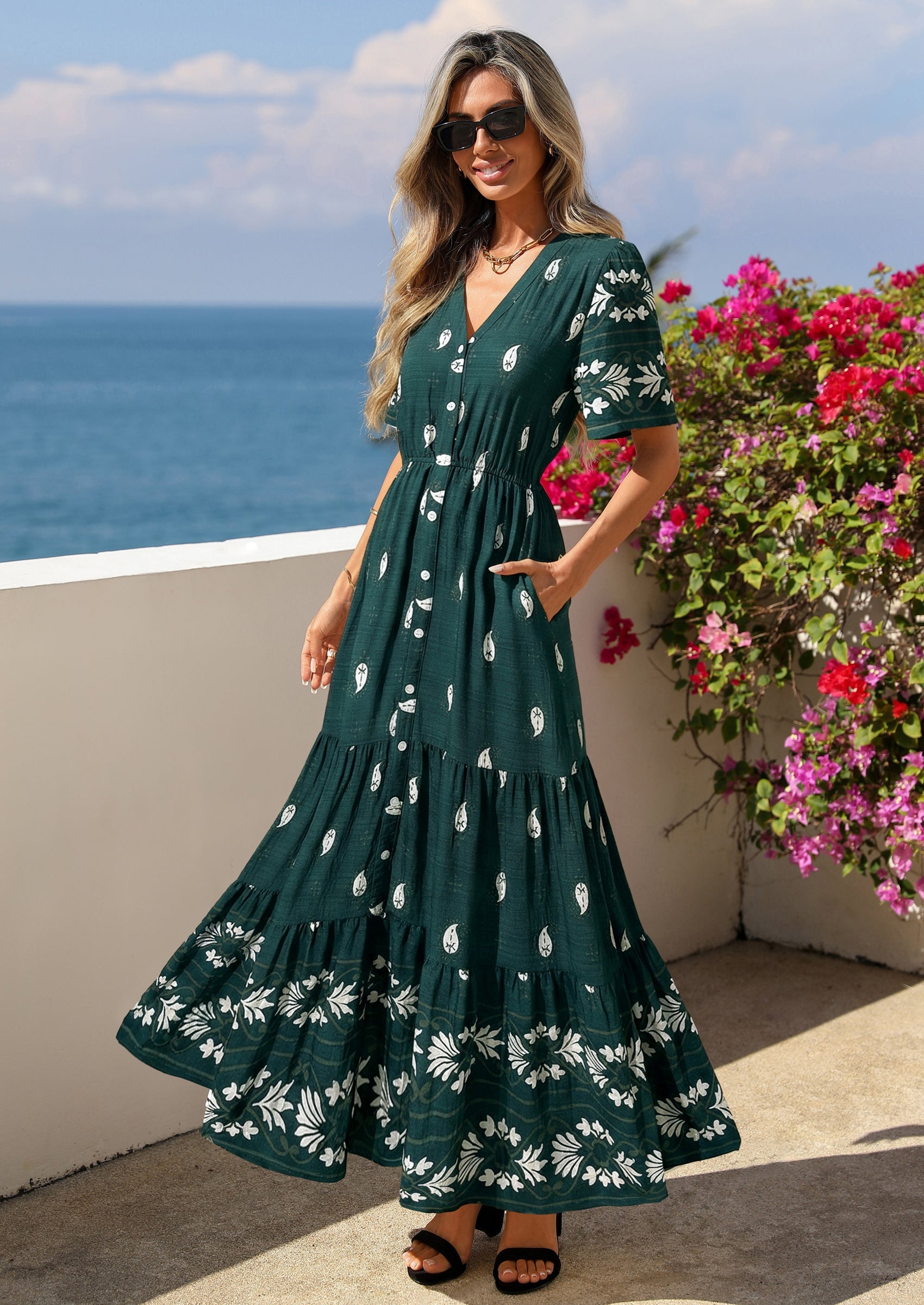 PRETTYGARDEN Womens Summer Boho Maxi Dress Trendy Short Sleeve V Neck Flowy Beach Floral Dresses with Pockets PRETTYGARDEN