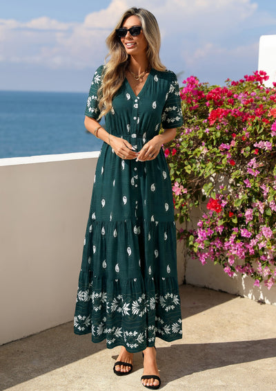 PRETTYGARDEN Womens Summer Boho Maxi Dress Trendy Short Sleeve V Neck Flowy Beach Floral Dresses with Pockets PRETTYGARDEN